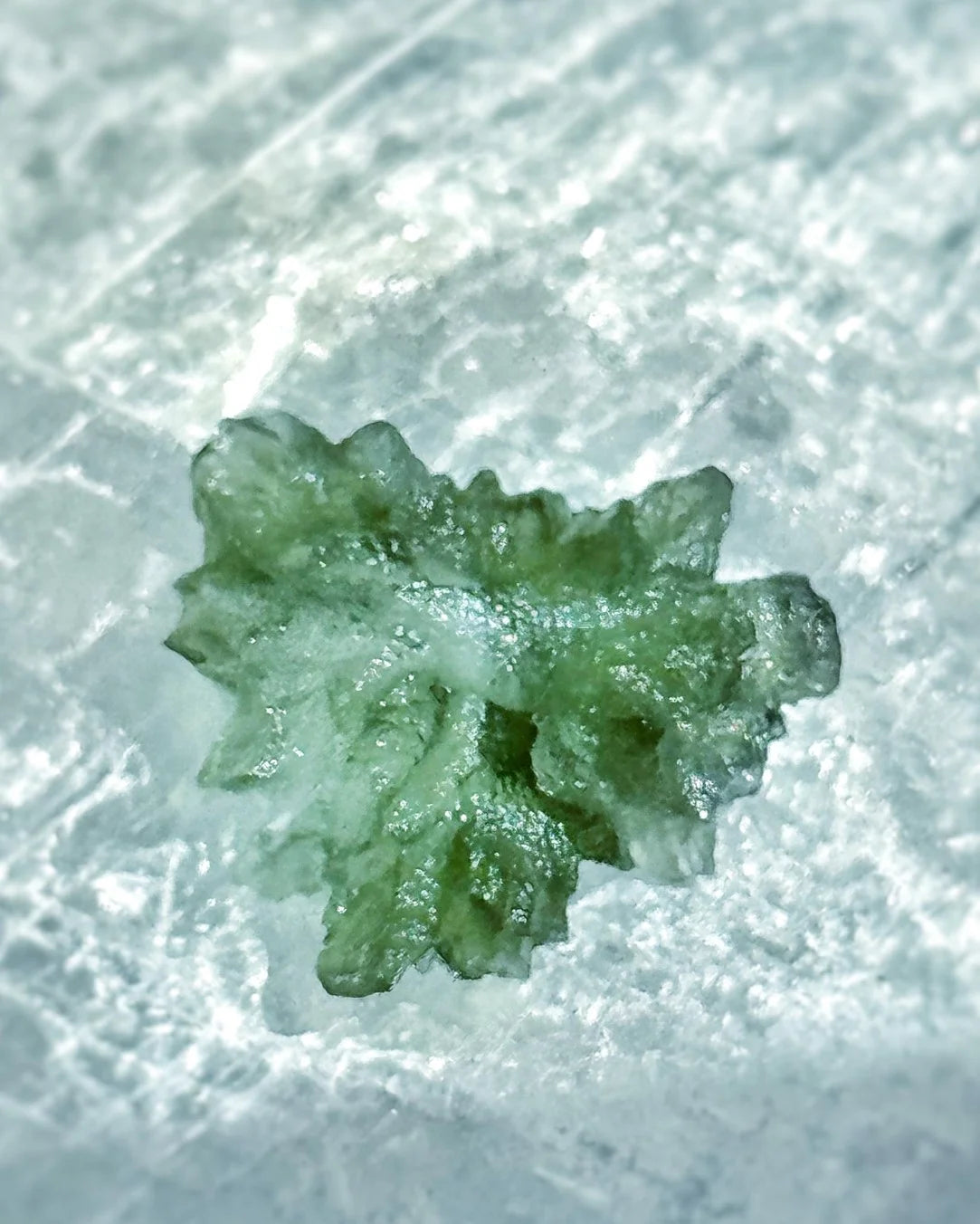Transparent 1.34g Ježkovna Moldavite with spiked sculpting and a large open bubble
