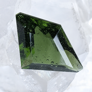 Transparent green fantasy cut Moldavite from Slavče, Czech Republic.