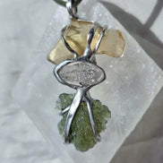 Genuine Moldavite, Libyan Desert Glass and Herkimer diamond pendant with a natural 1.6g green Moldavite.