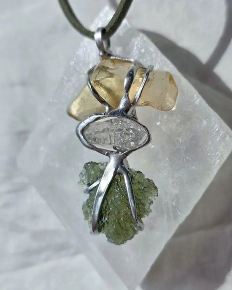 Genuine Moldavite, Libyan Desert Glass and Herkimer diamond pendant with a natural 1.6g green Moldavite.