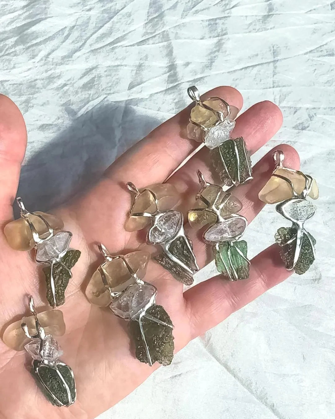 Genuine Moldavite, Libyan Desert Glass and Herkimer diamond pendant with a natural 1.6g green Moldavite.