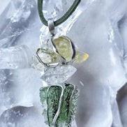 Genuine Moldavite, Libyan Desert Glass and Herkimer diamond pendant with a natural 1.6g green Moldavite.