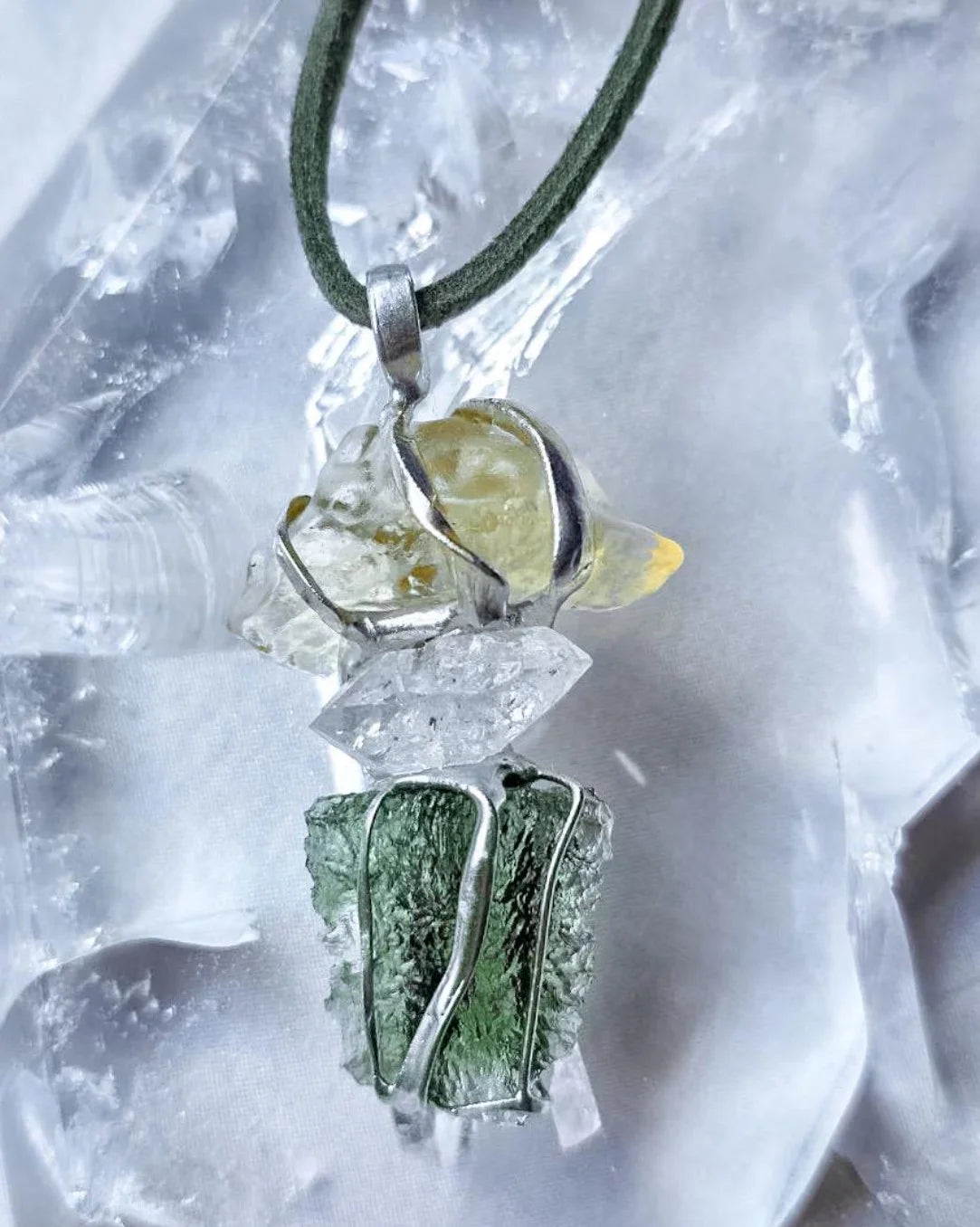 Genuine Moldavite, Libyan Desert Glass and Herkimer diamond pendant with a natural 1.6g green Moldavite.