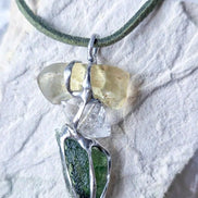 Genuine Moldavite, Libyan Desert Glass and Herkimer diamond pendant with a natural 1.6g green Moldavite.