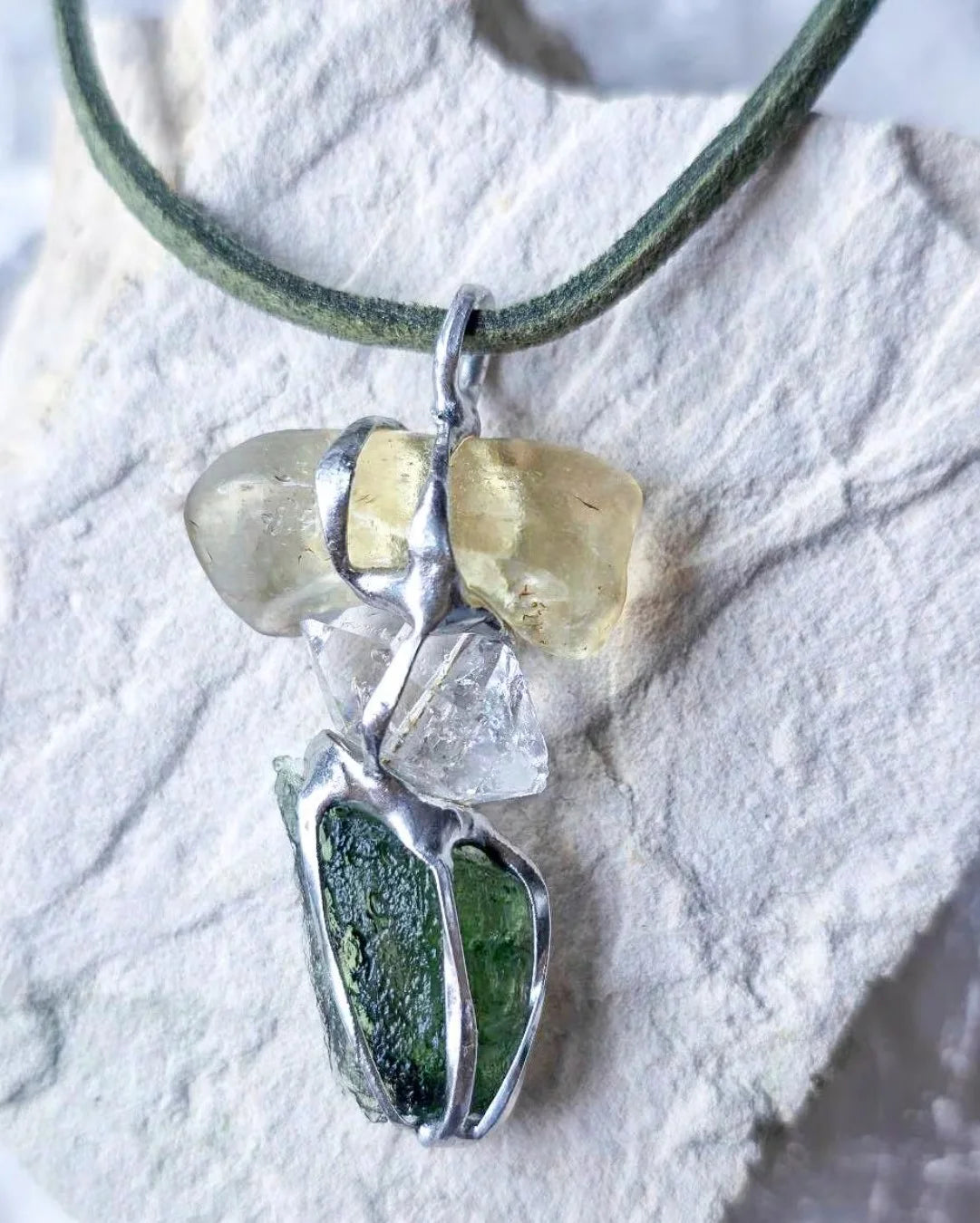 Genuine Moldavite, Libyan Desert Glass and Herkimer diamond pendant with a natural 1.6g green Moldavite.