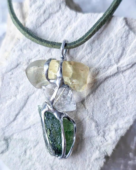 Genuine Moldavite, Libyan Desert Glass and Herkimer diamond pendant with a natural 1.6g green Moldavite.
