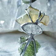 Genuine Moldavite, Libyan Desert Glass and Herkimer diamond pendant with a natural 1.6g green Moldavite.