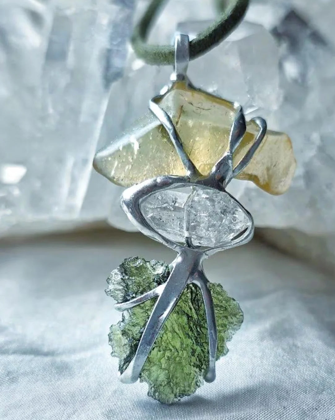 Genuine Moldavite, Libyan Desert Glass and Herkimer diamond pendant with a natural 1.6g green Moldavite.