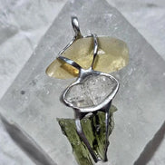 Genuine Moldavite, Libyan Desert Glass and Herkimer diamond pendant with a natural 1.6g green Moldavite.