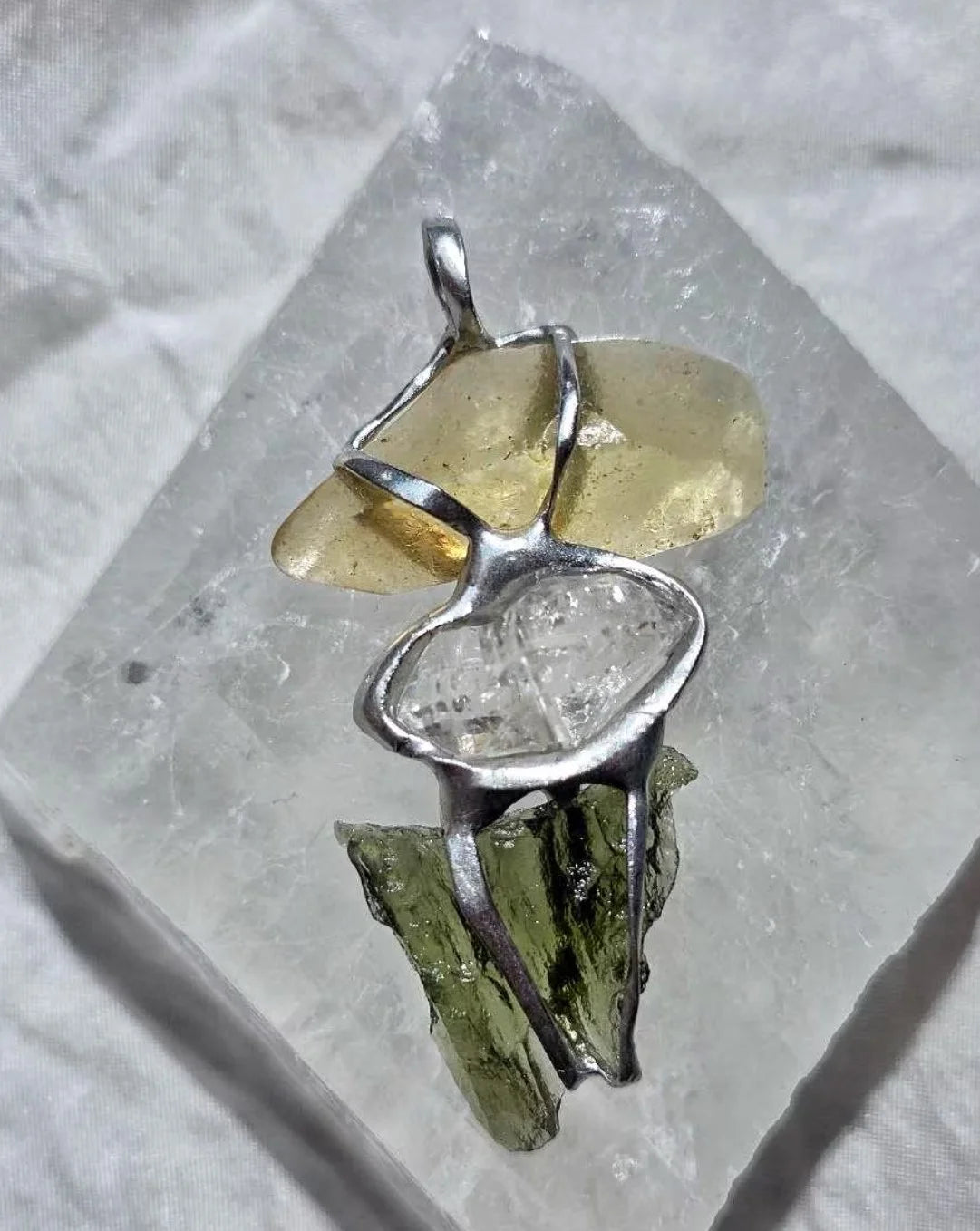 Genuine Moldavite, Libyan Desert Glass and Herkimer diamond pendant with a natural 1.6g green Moldavite.