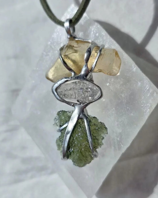Genuine Moldavite, Libyan Desert Glass and Herkimer diamond pendant with a natural 1.6g green Moldavite.