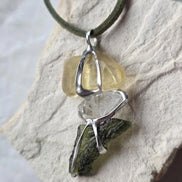 Genuine Moldavite, Libyan Desert Glass and Herkimer diamond pendant with a natural 1.6g green Moldavite.