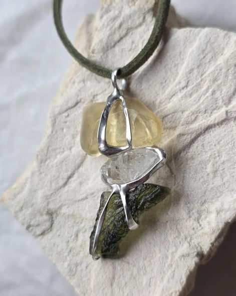 Genuine Moldavite, Libyan Desert Glass and Herkimer diamond pendant with a natural 1.6g green Moldavite.