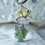 Genuine Moldavite, Libyan Desert Glass and Herkimer diamond pendant with a natural 1.6g green Moldavite.