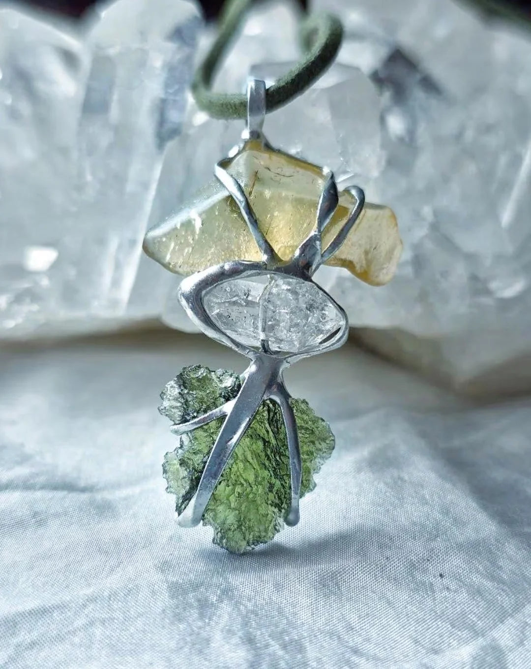 Genuine Moldavite, Libyan Desert Glass and Herkimer diamond pendant with a natural 1.6g green Moldavite.