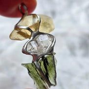 Genuine Moldavite, Libyan Desert Glass and Herkimer diamond pendant with a natural 1.6g green Moldavite.