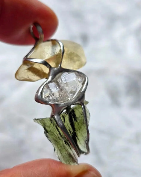 Genuine Moldavite, Libyan Desert Glass and Herkimer diamond pendant with a natural 1.6g green Moldavite.