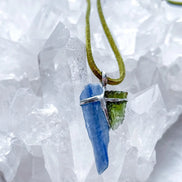 Moldavite and Kyanite pendant with transparent green Vrábče Moldavite.