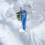 Moldavite and Kyanite pendant with transparent green Vrábče Moldavite.