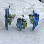 Moldavite and Kyanite pendant with transparent green Vrábče Moldavite.