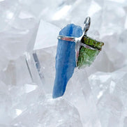 Moldavite and Kyanite pendant with transparent green Vrábče Moldavite.