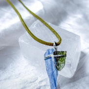 Moldavite and Kyanite pendant with transparent green Vrábče Moldavite.