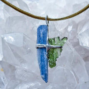 Moldavite and Kyanite pendant with transparent green Vrábče Moldavite.