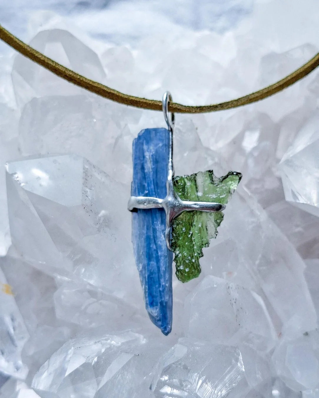 Moldavite and Kyanite pendant with transparent green Vrábče Moldavite.