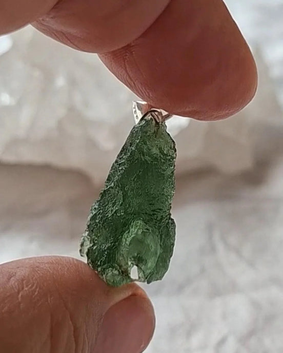 Pure green Moldavite pendant from Chlum, Czech Republic, 3.7 g transparent natural stone with open bubbles set in sterling silver