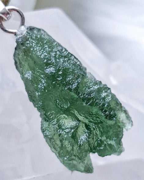   Pure green Moldavite pendant from Chlum, Czech Republic, 3.7 g transparent natural stone with open bubbles set in sterling silver  