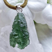 Pure green Moldavite pendant from Chlum, Czech Republic, 3.7 g transparent natural stone with open bubbles set in sterling silver