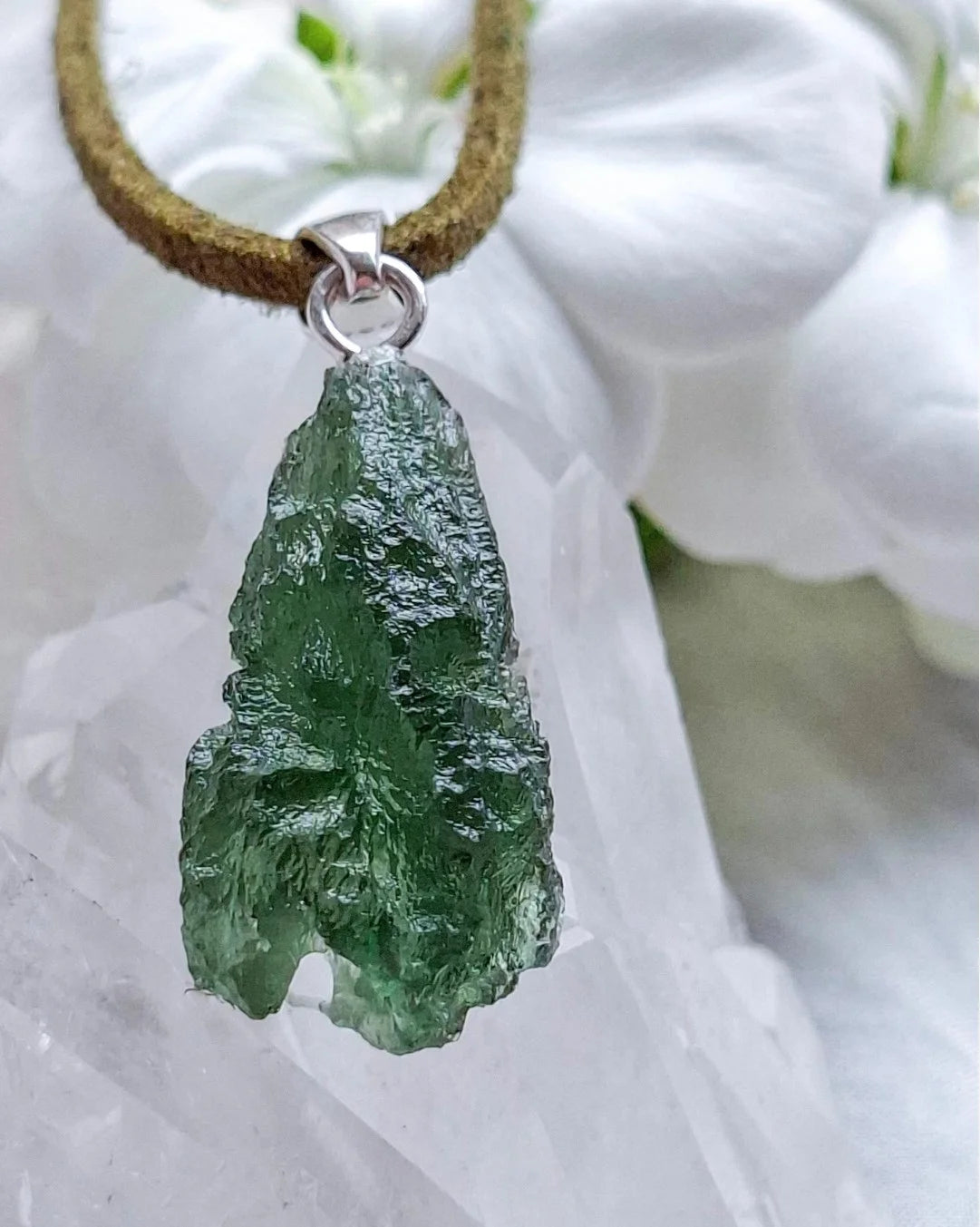 Pure green Moldavite pendant from Chlum, Czech Republic, 3.7 g transparent natural stone with open bubbles set in sterling silver