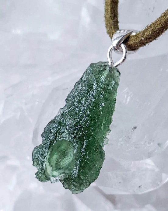 Pure green Moldavite pendant from Chlum, Czech Republic, 3.7 g transparent natural stone with open bubbles set in sterling silver