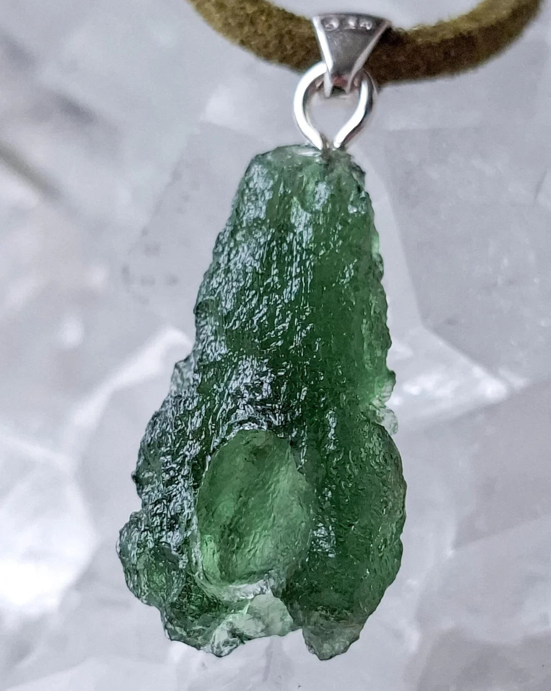Pure green Moldavite pendant from Chlum, Czech Republic, 3.7 g transparent natural stone with open bubbles set in sterling silver
