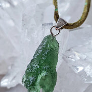 Pure green Moldavite pendant from Chlum, Czech Republic, 3.7 g transparent natural stone with open bubbles set in sterling silver