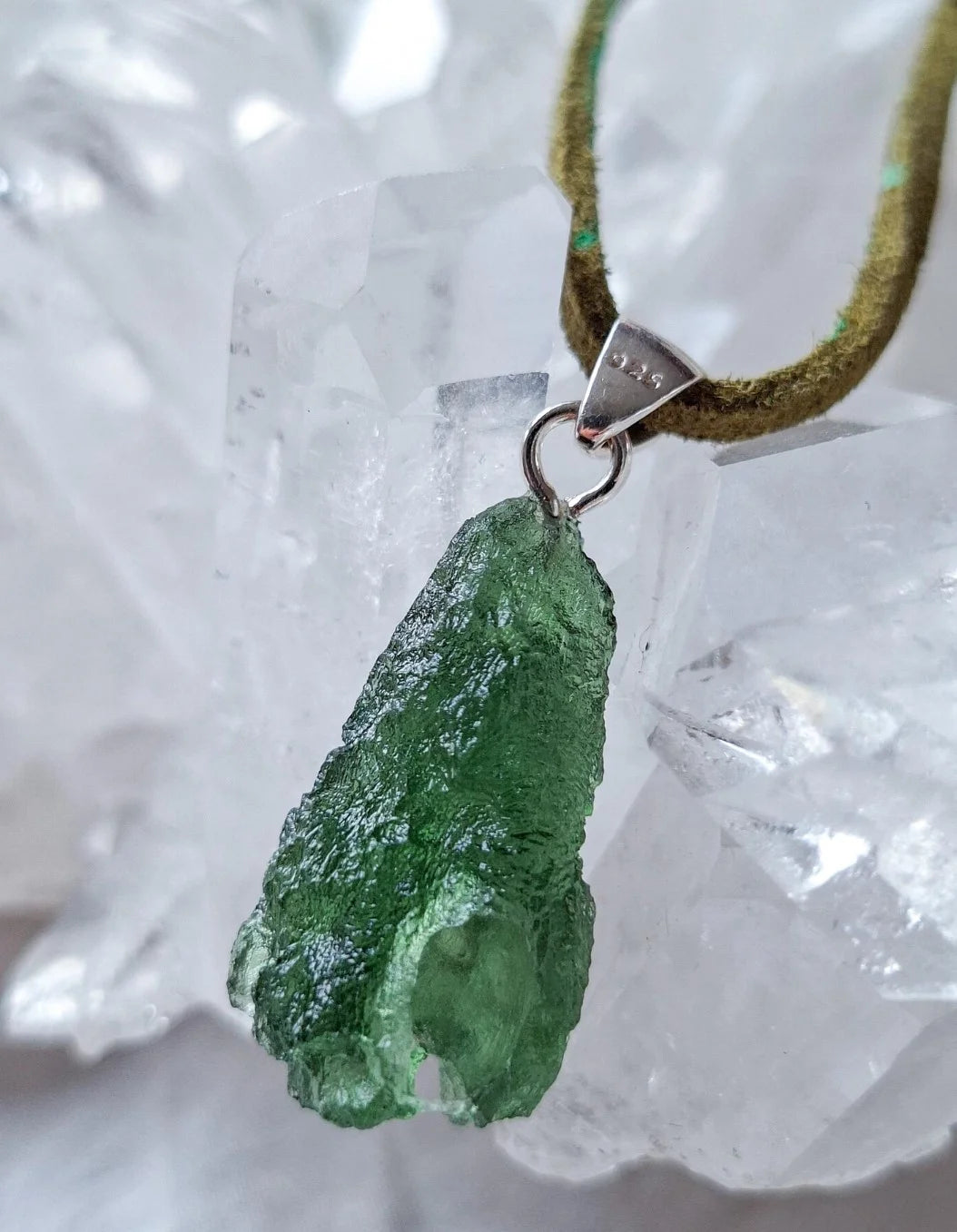 Pure green Moldavite pendant from Chlum, Czech Republic, 3.7 g transparent natural stone with open bubbles set in sterling silver