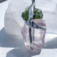 Moldavite and Rose Quartz pendant with transparent green Chlum Moldavite.