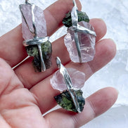 Moldavite and Rose Quartz pendant with transparent green Chlum Moldavite.