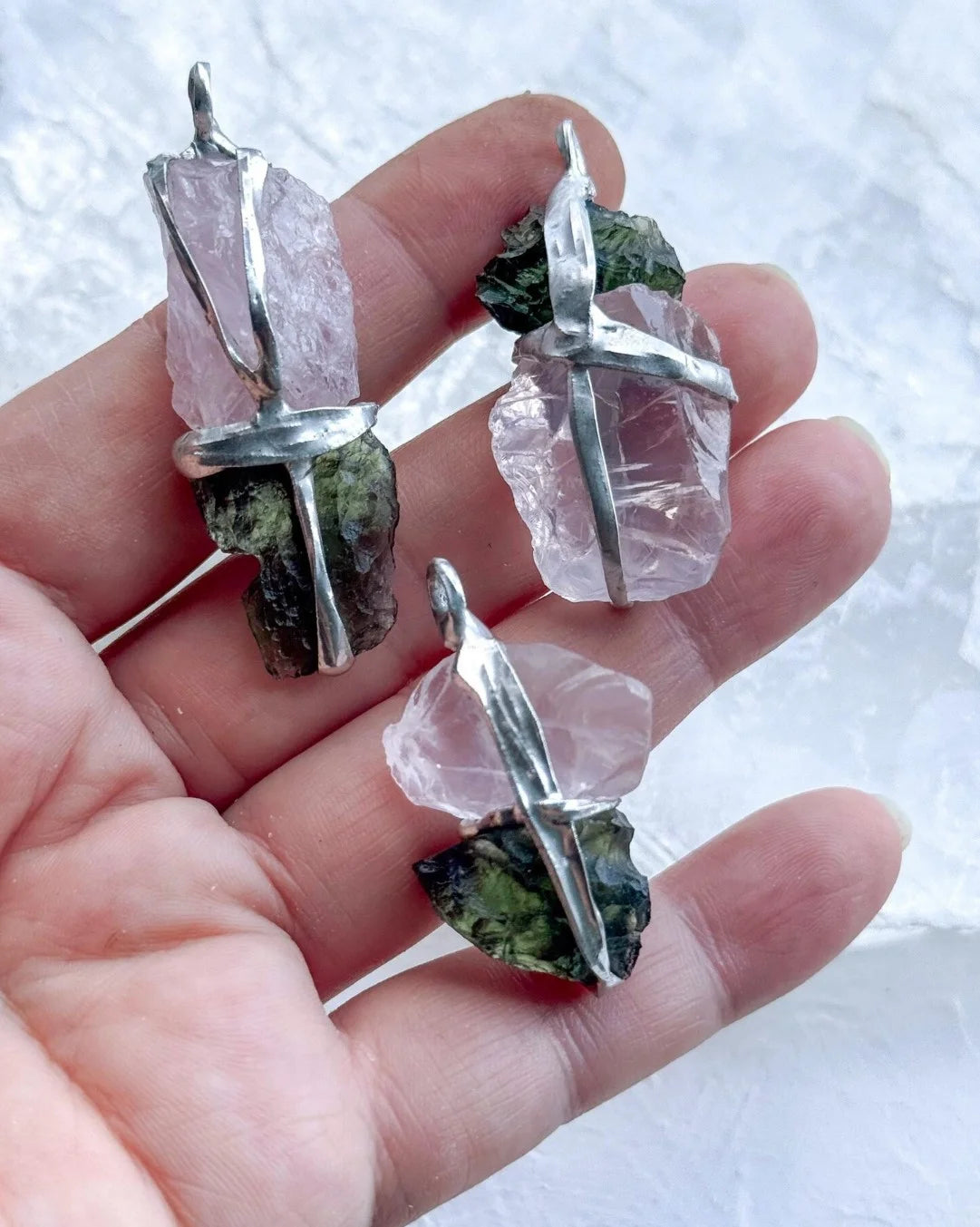 Moldavite and Rose Quartz pendant with transparent green Chlum Moldavite.