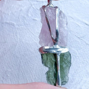 Moldavite and Rose Quartz pendant with transparent green Chlum Moldavite.