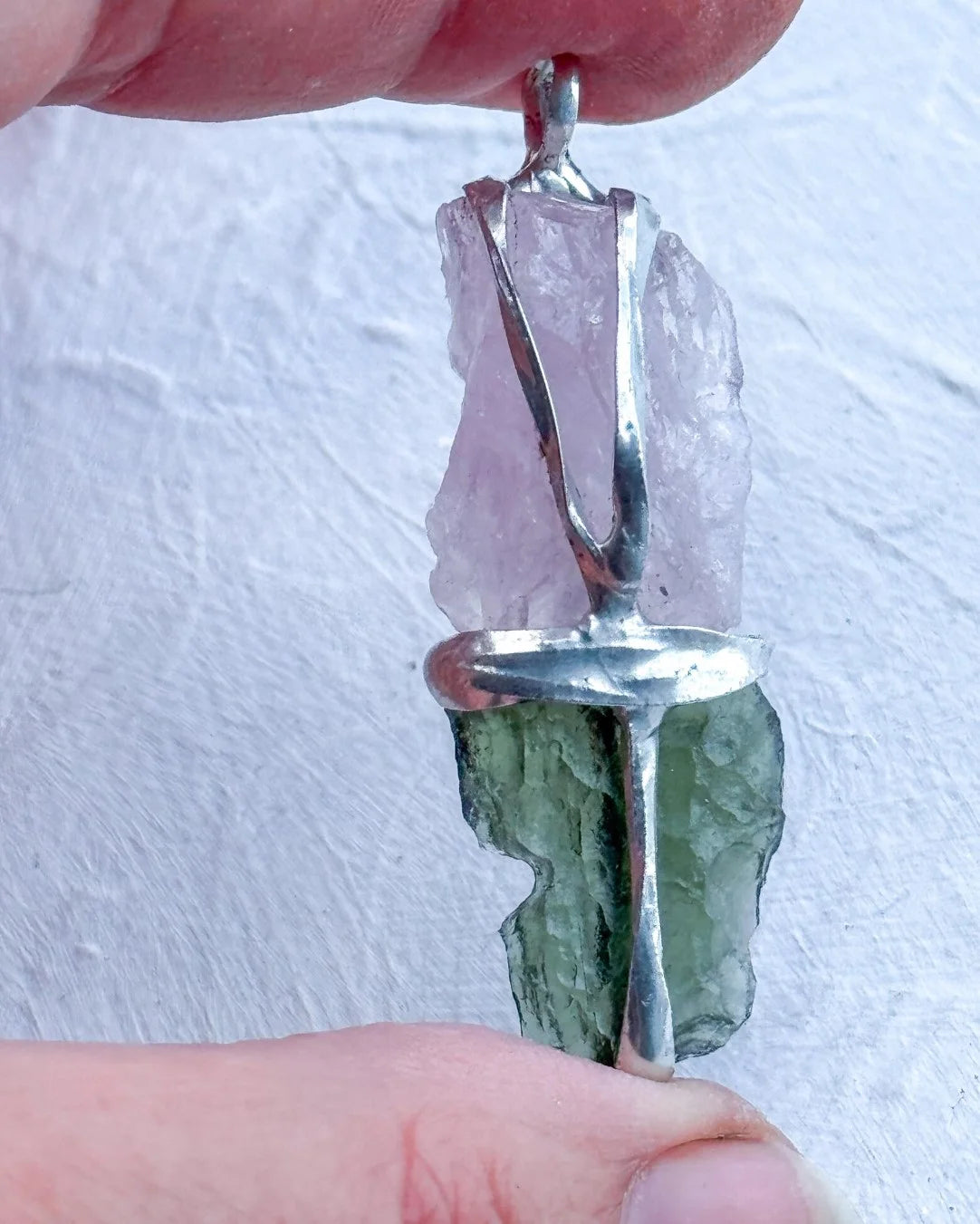 Moldavite and Rose Quartz pendant with transparent green Chlum Moldavite.
