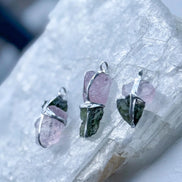 Moldavite and Rose Quartz pendant with transparent green Chlum Moldavite.
