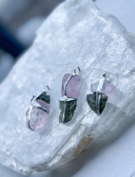 Moldavite and Rose Quartz pendant with transparent green Chlum Moldavite.