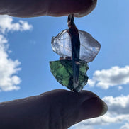 Moldavite and Rose Quartz pendant with transparent green Chlum Moldavite.