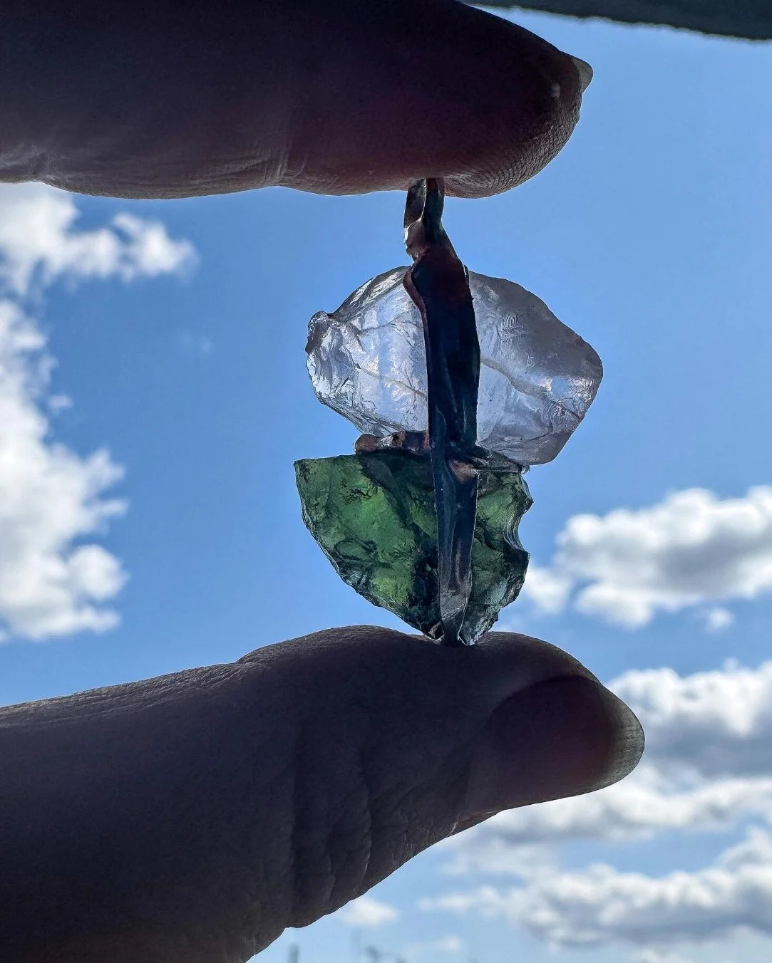 Moldavite and Rose Quartz pendant with transparent green Chlum Moldavite.
