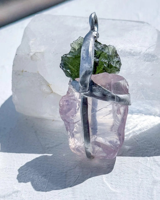 Moldavite and Rose Quartz pendant with transparent green Chlum Moldavite.