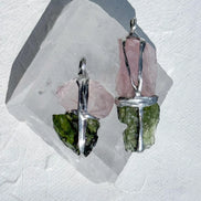 Moldavite and Rose Quartz pendant with transparent green Chlum Moldavite.