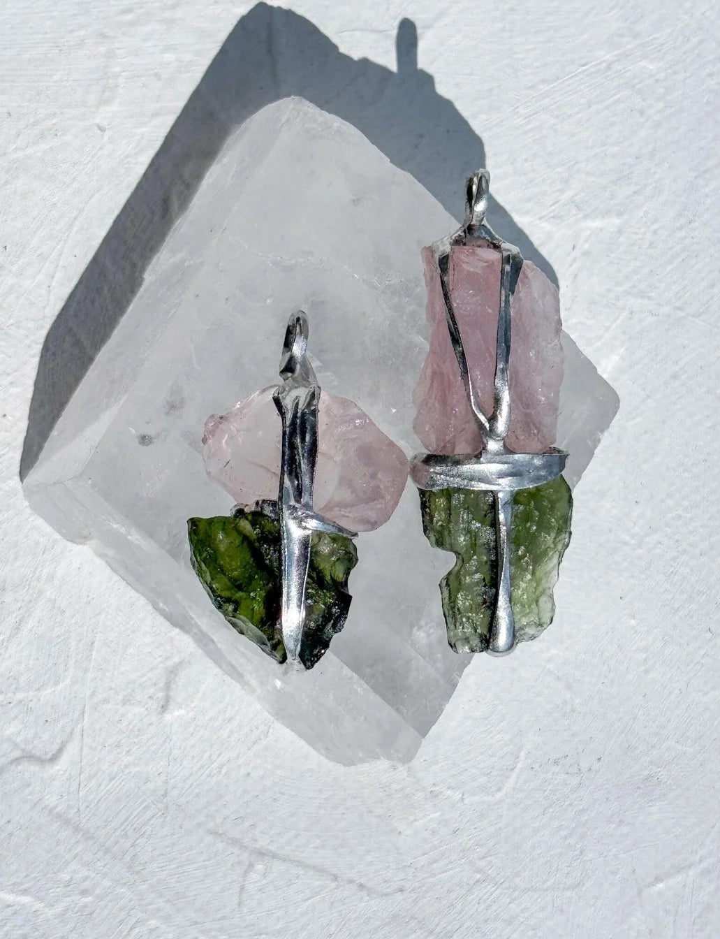 Moldavite and Rose Quartz pendant with transparent green Chlum Moldavite.