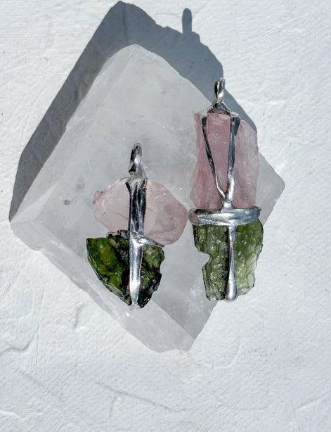 Moldavite and Rose Quartz pendant with transparent green Chlum Moldavite.