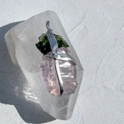 Moldavite and Rose Quartz pendant with transparent green Chlum Moldavite.